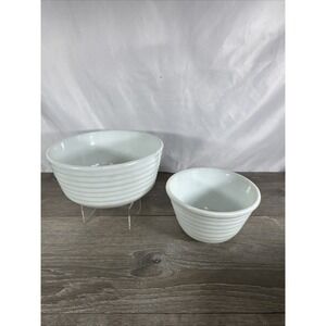 Vintage Set of GE White Milk Glass Mixer Bowls, Bee Hive Ribbed  9" & 6 3/4"
